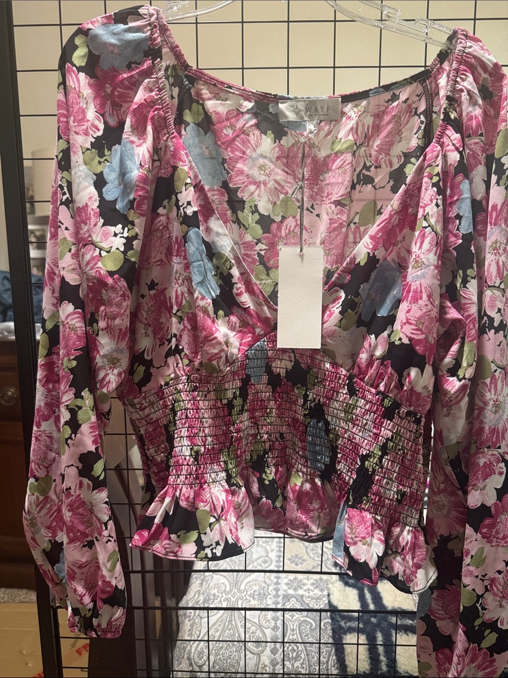 NWT WAYF Floral Smocked Waist Peasant Blouse - Pink Multi SZ XL